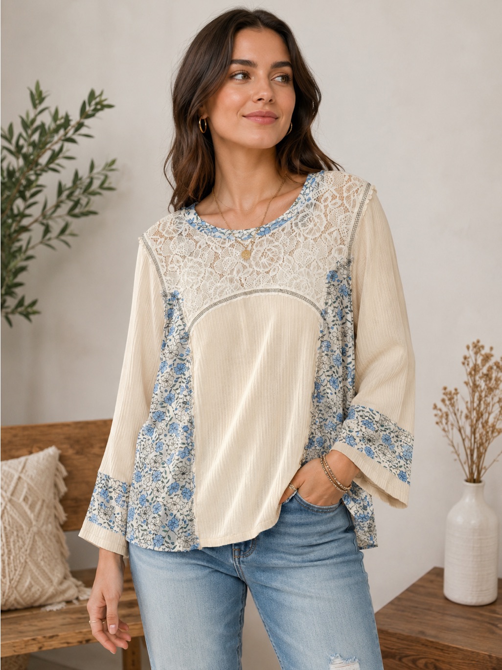 Pol Clothing Floral Lace Patchwork Thermal Long-Sleeve Top
